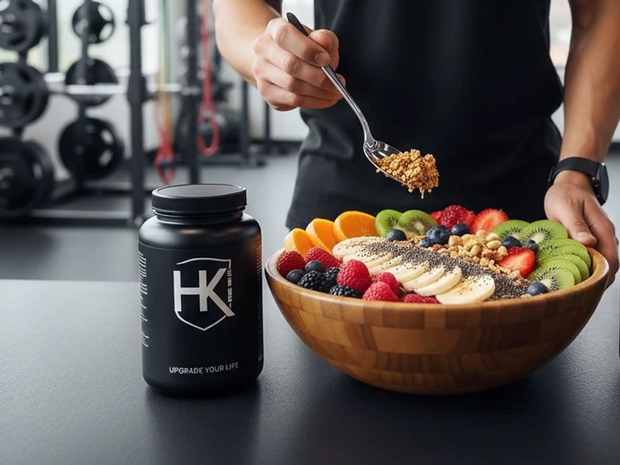 Un bol de fruits et céréales à côté d’un pot de compléments HK